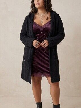 AE Sport Black Hooded Open-Front Women's Wool Blend Long Sweater Cardigan